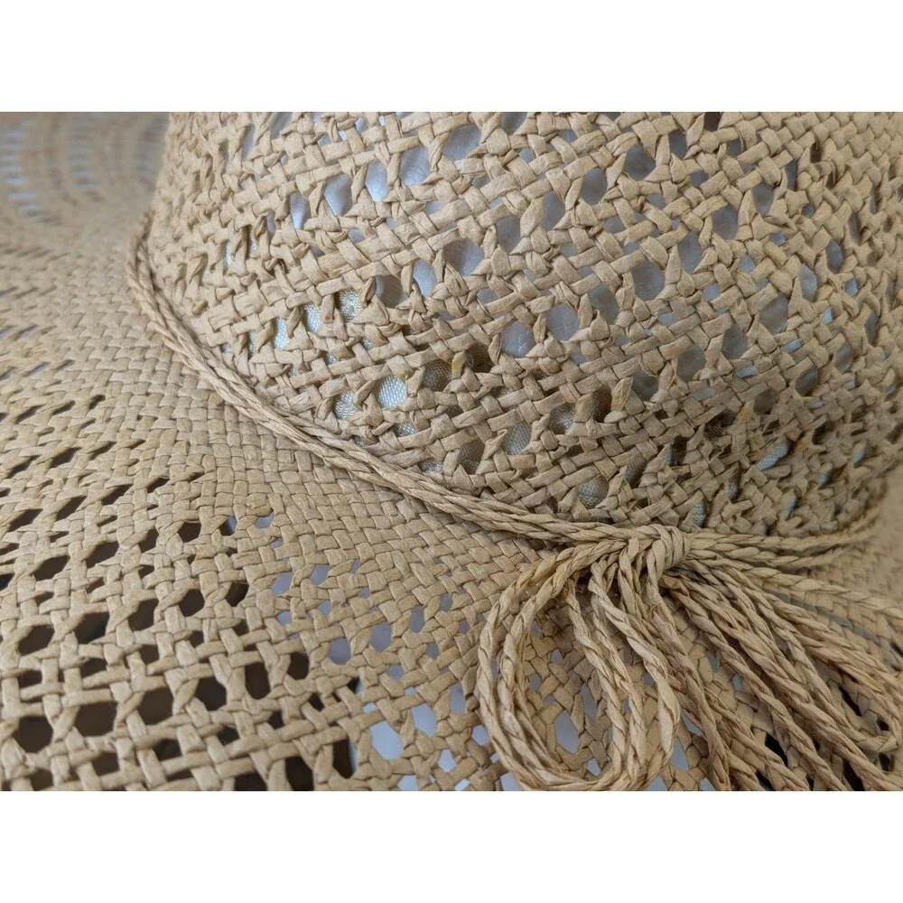 Marcus Adler Wide Brim Straw Sun Hat Open Weave Floppy Beach Boho Bow Tan OS EUC